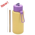 1L yellow matte stainless steel sports bottle with purple handle and metal straw kit - 1 L / Pop-up Straw Lid / Purple + Light Yellow