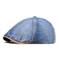 Béret en denim délavé bleu classique avec bordure en cuir marron et surpiqûres jaunes - Bleu 2