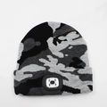 Unisex black and grey camo knitted beanie with integrated LED light for night safety - 4-LED Style / Camo Grey
