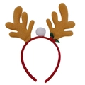 Brown reindeer antler headband with white pom-pom and holly leaf detail for Christmas - Coffee Antler