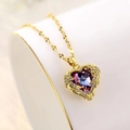 Elegant gold titanium necklace featuring a violet blue heart crystal and zircon stones - Gradient Pink Blue / Gold Chain