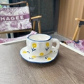 Handcrafted ceramic coffee cup and saucer set with yellow flowers and blue rims - Yellow Flower