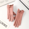 Guanti invernali rosa in ecopelle da donna con fiocco decorativo e fodera in pile - Taglia unica / Rosa
