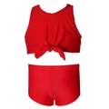 Two-piece red girls' bikini set featuring a sleeveless knot crop top and high-waisted bottoms - 104 / Red Two-Piece Set (Boy-Leg Bottom)
