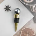 Detail of disco ball wine stopper with silver mirrored top and golden metal base - Gold Black Silicone