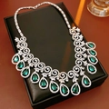 Close-up of a silver necklace with green teardrop gemstones in a black display box - 4# Necklace-Silver-Blue