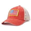 Distressed red American flag ponytail mesh trucker hat for women in 45-degree side view - Adjustable / Orange