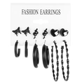 6-pair set of black geometric earrings featuring butterfly, snake, heart, and hoop designs - Punk Style Black Snake Heart Set (5573701HB)