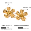 Polished gold floral earrings in stainless steel with detailed size measurements - Stainless Steel Flower Earrings