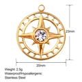 Macro view of gold stainless steel compass pendant with zircon and 23mm size specs - SS0035 Gold Zirconia Compass