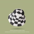 Women's summer straw bucket hat with black and white checkerboard weave pattern - One Size / Black