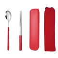 Portable 304 stainless steel spoon and chopsticks set with red storage box and pouch - Red Silver Spoon Chopsticks 2-piece Set with Mesh Bag
