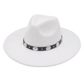 Detail of white wide brim felt fedora hat featuring black leather band and silver buckles - White