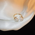 Elegant gold open ring featuring two white pearls on a textured geometric band - Double Pearl Gold Round (17#)