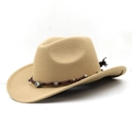 Detail of western felt cowboy hat with braided leather band and evil eye pendant charm - M (56-58cm) Adjustable / Camel