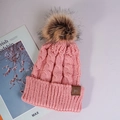 Pink knit beanie hat with faux fur pompom and leather brand patch for autumn winter - Deep Pink