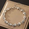 Adjustable gothic skull chain bracelet in vintage silver finish with lobster clasp - Antique Silver Skull Bracelet (3926)