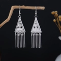 Vintage silver Bohemian earrings with triangular hollow design and long metal tassels - Triangle Hollow Strip Tassel Style (E4732)