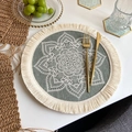 Sage green round placemat with white mandala embroidery and cream cotton tassels - Bohemian Style No.4 Placemat (Grey Green)
