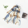 Blue and brown plaid cashmere-like scarf with fringe and Korean design label - Blue Khaki Stripe