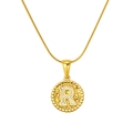 Golden round pendant necklace with hammered texture and white letter R on snake chain - Gold-Letter R (Snake Chain)