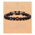 Adjustable black matte beads baseball themed heart charm bracelet on message gift card - Black Baseball + Blue Tiger Eye