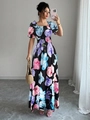 Detail of floral puff sleeve dress showing square neckline and smocked elastic high waist - S / Black