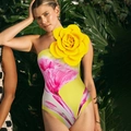 Chic yellow one-piece swimsuit with 3D shoulder flower and pink floral print pattern - S / Bright Yellow Set