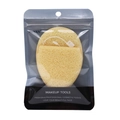 Detail of soft teardrop cleansing sponge in ALYAN packaging with finger strap feature - Teardrop / Yellow