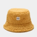 Yellow teddy fleece bucket hat with a white square smiley face patch on the front - M (56-58cm) / Yellow
