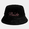 Detail of Bride embroidery on a black faux fur winter bucket hat for weddings - M (56-58cm) / Black
