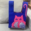 Royal blue knitted tote bag with pink cat pattern and soft durable handle - Royal Blue Cat