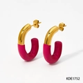 Modern gold-plated C-shaped earrings with magenta pink enamel finish for women - Rose Red Style (KDE1752)