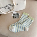 Striped cotton crew socks in white with green and light blue horizontal stripes - One Size / Light Blue Thin Stripes