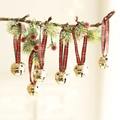 Set of 6 gold Christmas bells with star cutouts and red-green plaid ribbons on pine branches - 6-Piece Set / Gold / Star Cutout