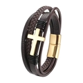 Bracelet punk multicouche en cuir marron avec croix dorée et fermoir magnétique - Café Doré