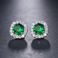 Elegant green zircon stud earrings with white diamond halo in square silver setting - Green