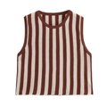 Damen Set aus schickem gestreiftem Strick-Top und passender Patchwork-Hose in Braun-Beige - S / Kaffeestreifen-Oberteil
