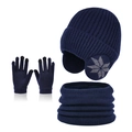 Navy blue kids winter set with snowflake knit hat, warm scarf, and touchscreen gloves - Three-Piece Set / Navy Blue