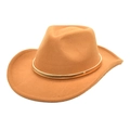 Close-up of golden metal tube band on camel wide brim wool felt western hat - M (56-58cm) / Camel
