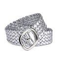 Silver braided PU leather dress belt for women with square metallic buckle detail - Silver