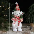 Standing white flocked polar bear Christmas ornament with red plaid scarf, 33cm height - 33x15cm