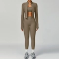 Three-piece ribbed yoga set in taupe, featuring zip jacket, bra, and high-waist leggings - S / 3-Piece Set (Bra+Trousers+Jacket) / Light Coffee