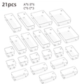 21-piece set of transparent drawer organizers with A, B, C, and E size rectangular bins - 21-Piece Set
