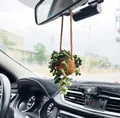 Handmade crochet hanging plant pendant for car rearview mirror in green and brown - Khaki Basket + S-Shaped Leaves