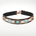 Detail of hand-woven leather belt with turquoise stones and vintage bull head accents - 56-58cm / Dark Brown Beige Gemstone Decorative Woven Belt (AB87)