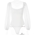 Detail view of white square neck bodysuit with sheer puff sleeves and slim fit design - XL / White
