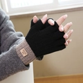 Winter thermal knit fingerless gloves in black and beige contrast with rib cuffs - Half Finger Style / Black
