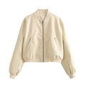 Women's cream faux leather bomber jacket with vintage loose fit and ribbed trims - XS / White