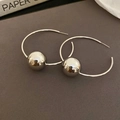 Silver geometric hoop earrings featuring a large polished mirror-finish metal ball charm - 55# Silver Needle - Silver - Large
